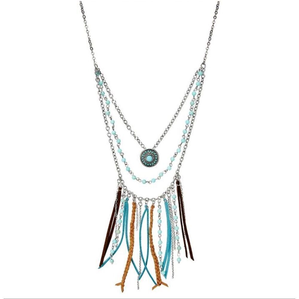 👢Justin Boots Brand Women’s 3 Tiered Necklace Leather and turquoise Color New